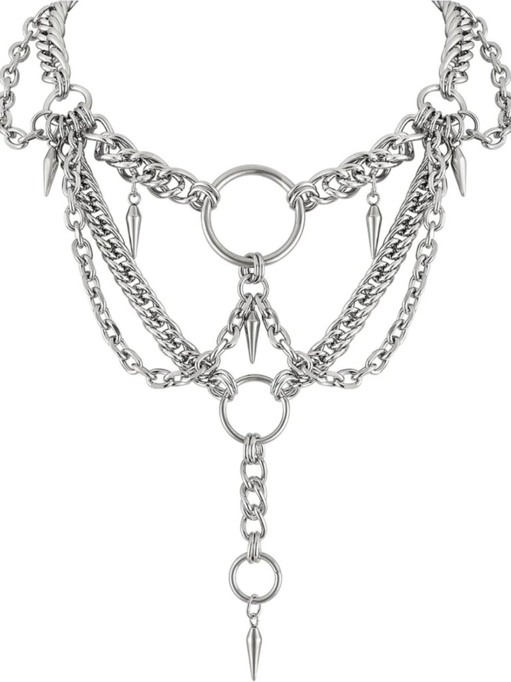 Chunky Multilayer Chain Choker Necklace, Goth Grunge, Silver O-Ring & Spike